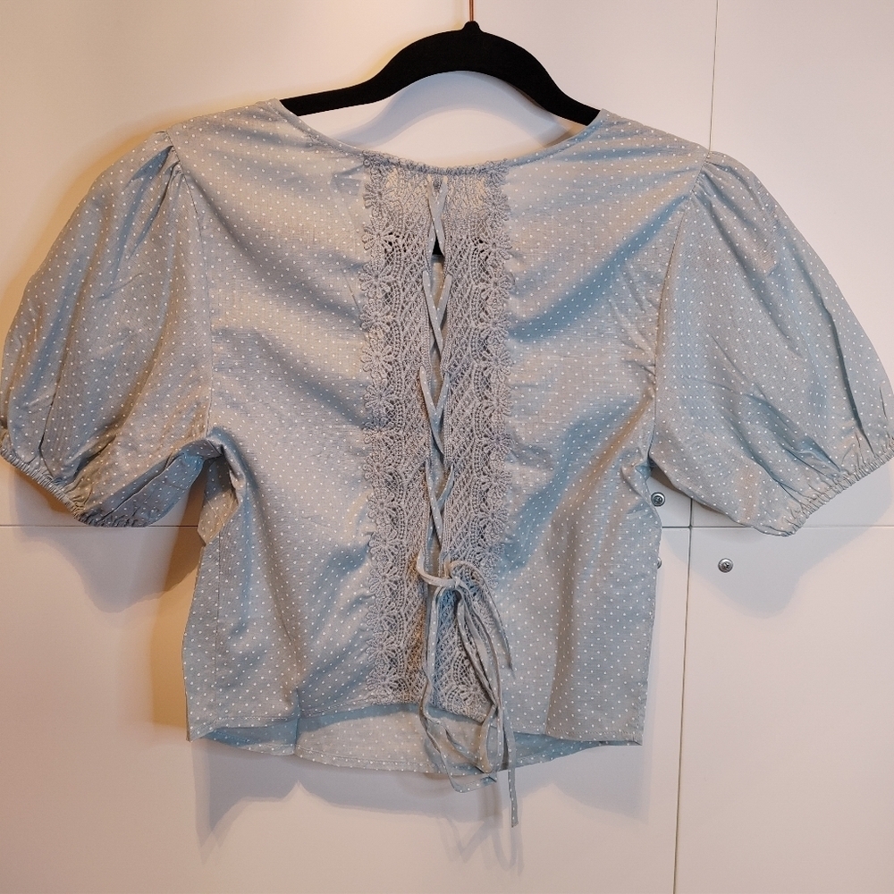 NWT Blue Polka Dot Puff Sleeve Open Back Lace Up Crop Top - Picture 8 of 10